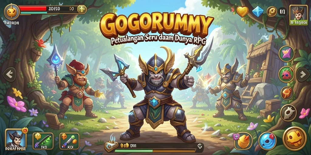 Gameplay RPG GOGORUMMY menampilkan pertarungan yang mendebarkan dan karakter yang unik.