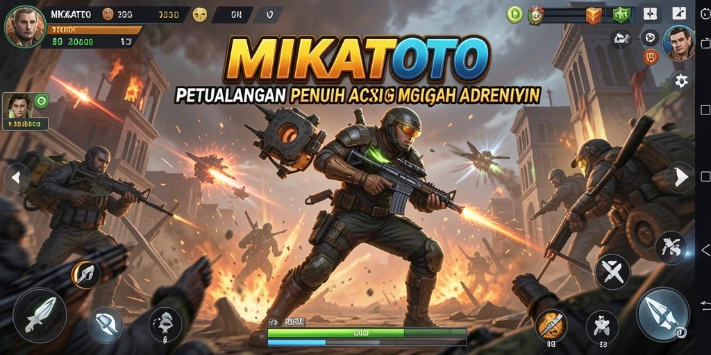 Screenshot utama MIKATOTO menampilkan aksi mendebarkan dalam peperangan.