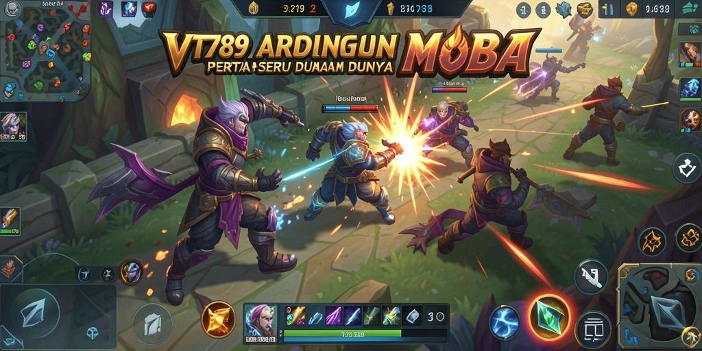 Screenshot gameplay VT789 menampilkan aksi pertempuran yang intens dalam MOBA.