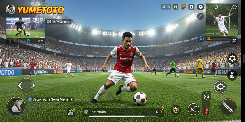 Screenshot YUMETOTO menampilkan aksi bermain sepak bola yang mendebarkan.
