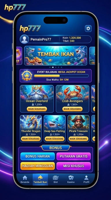 Tampilan utama aplikasi hp777 dengan berbagai pilihan aplikasi.